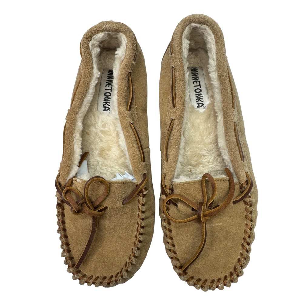 Minnetonka Cally Moccasin Slippers Womens 9 Tan Suede Faux Fur Lined Cozy Rustic